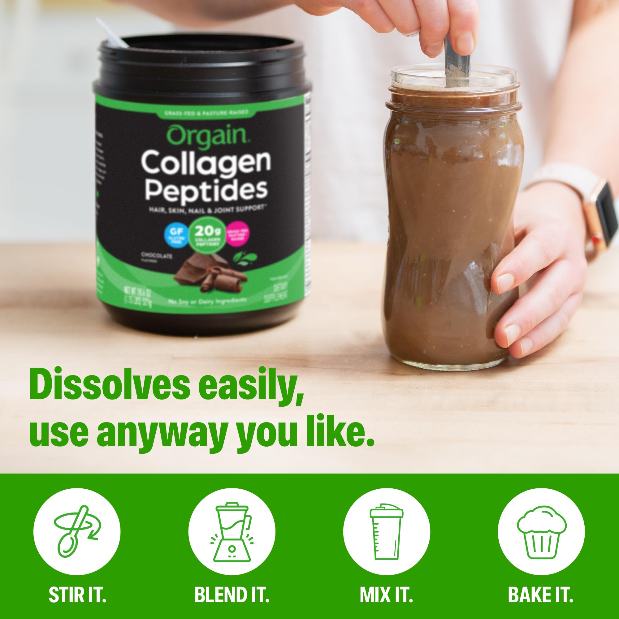 Orgain collagen peptides scoop in coffee mug, smooth chocolate flavor and clean profile
