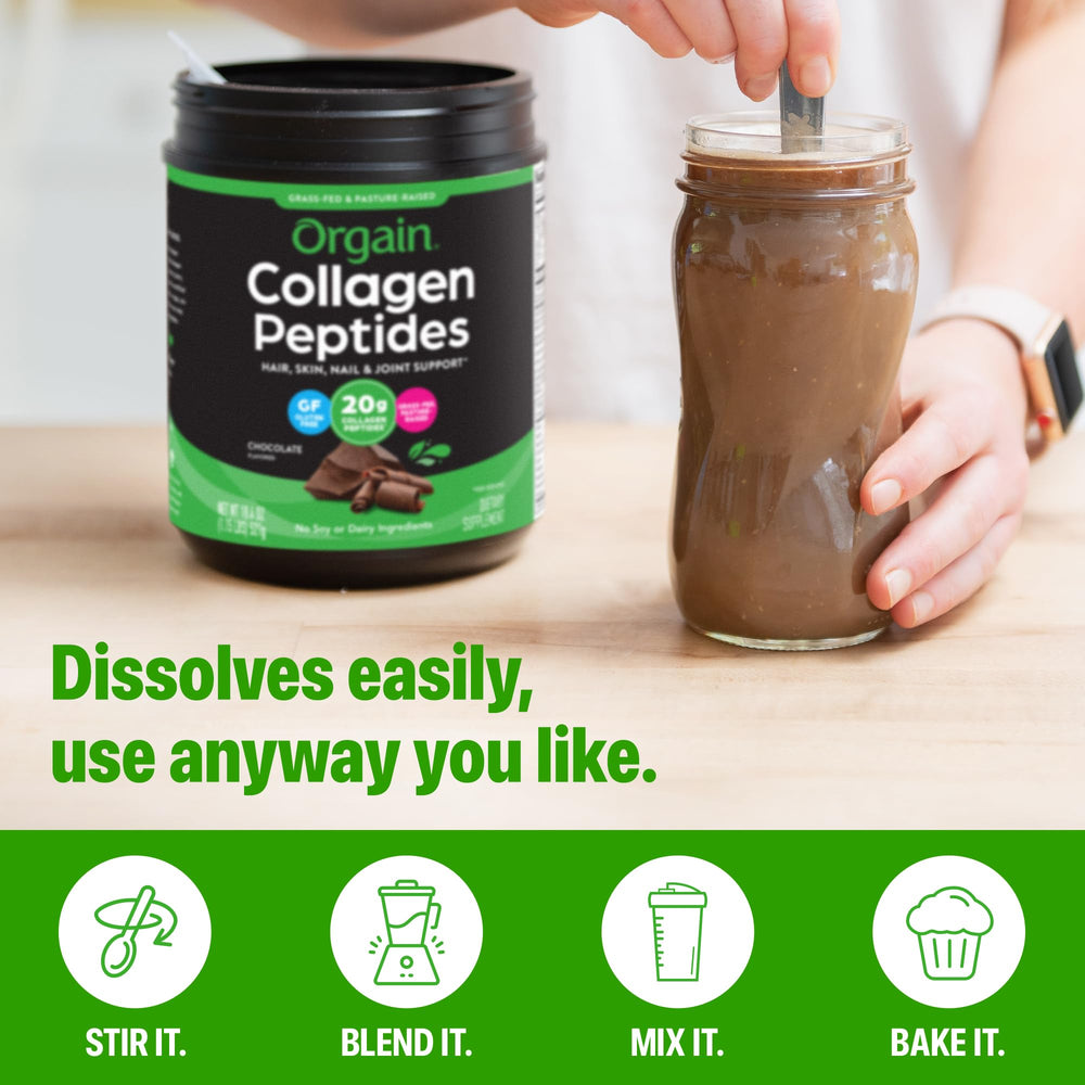 Orgain collagen peptides scoop in coffee mug, smooth chocolate flavor and clean profile