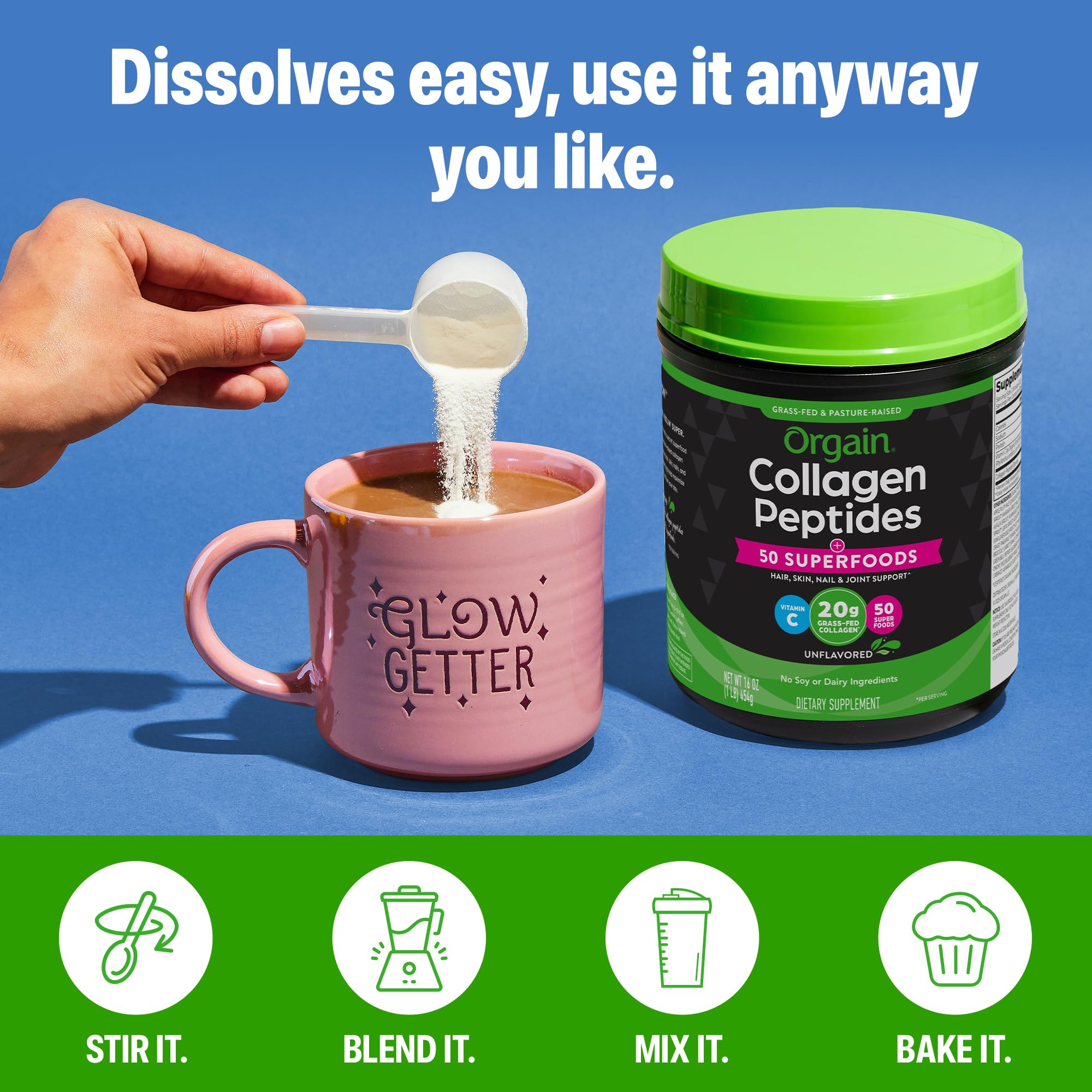 Orgain collagen powder close up showing fine dissolvable texture