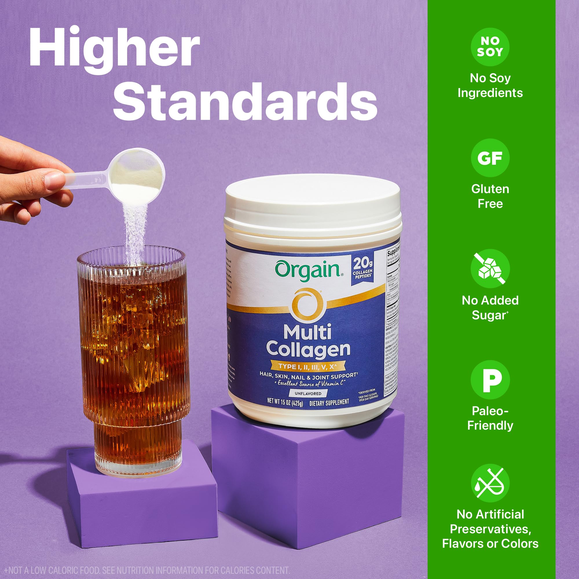 Orgain collagen powder stirred into coffee in a mug for easy integration.