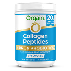 Orgain collagen probiotics tub showcasing 1B CFU probiotics for gut support and radiant skin