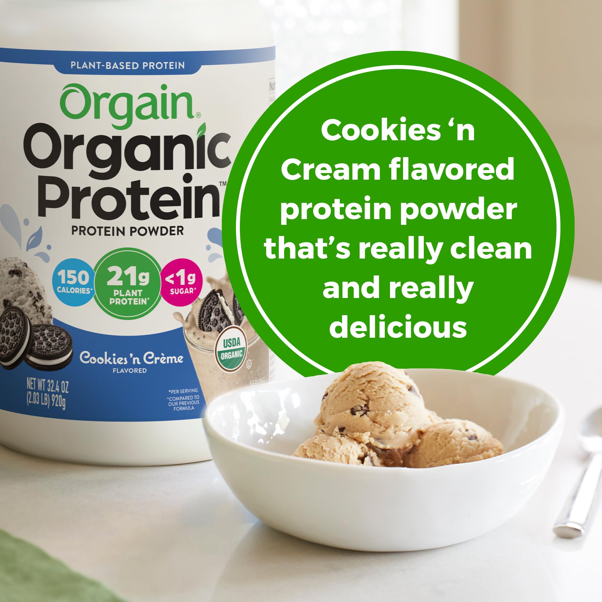 Orgain Cookies & Cream mixed into batter for protein-rich baking