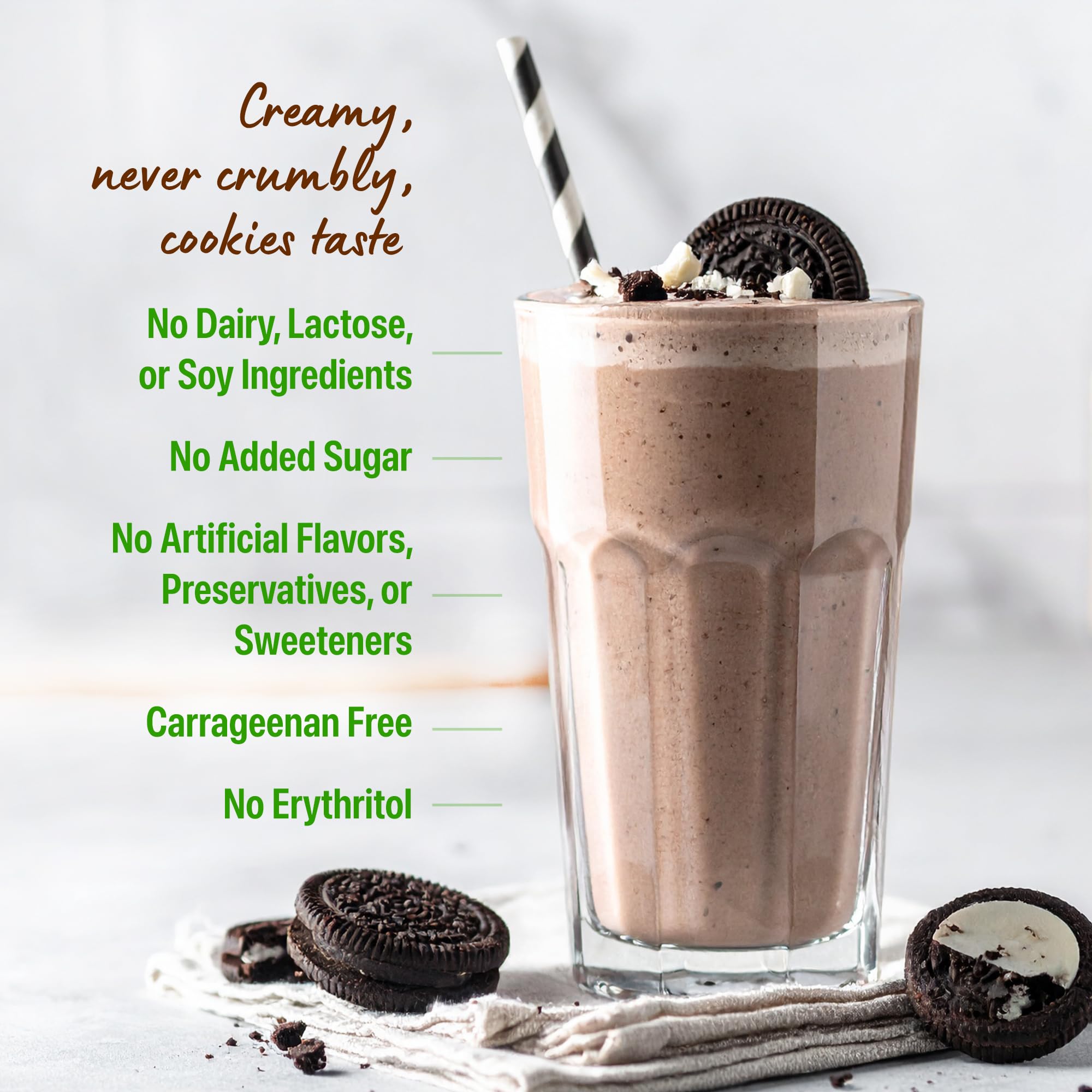 Close-up of Orgain Cookies & Cream ingredients, highlighting organic peas and chia