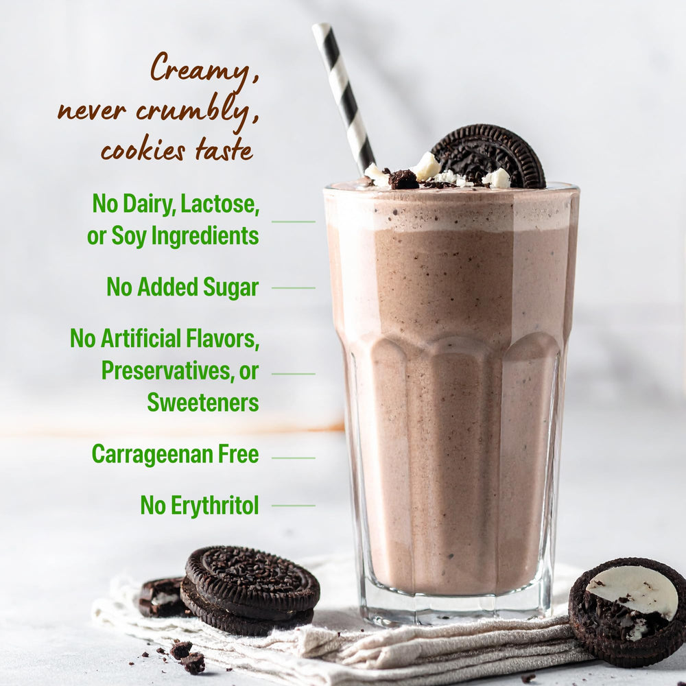Close-up of Orgain Cookies & Cream ingredients, highlighting organic peas and chia