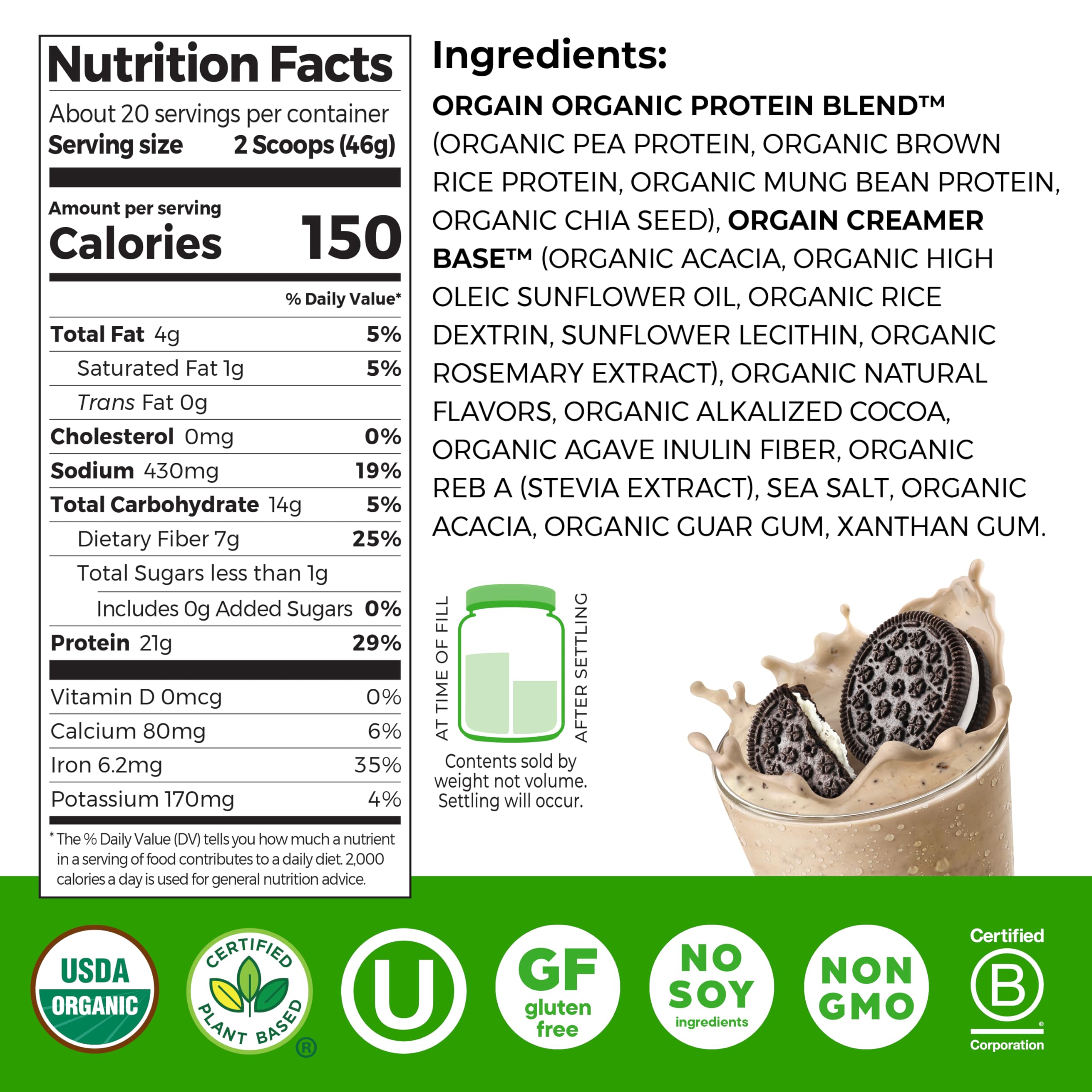 Orgain Cookies & Cream being poured into a glass, ideal for protein shakes