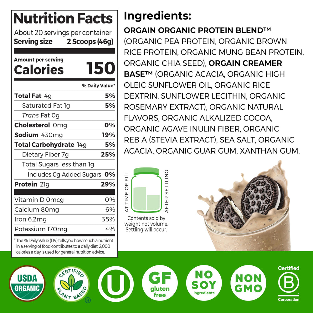 Orgain Cookies & Cream being poured into a glass, ideal for protein shakes