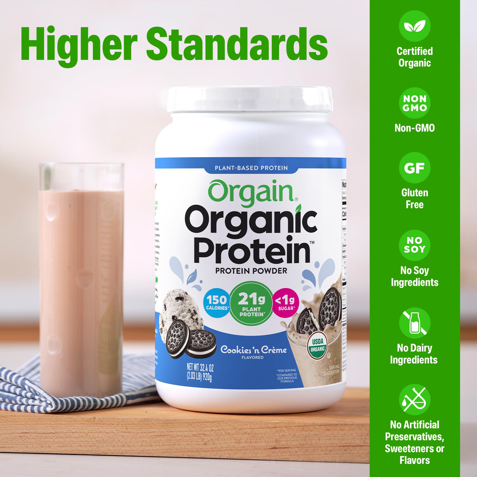 Scooping Orgain Cookies & Cream powder, perfect for on-the-go shakes