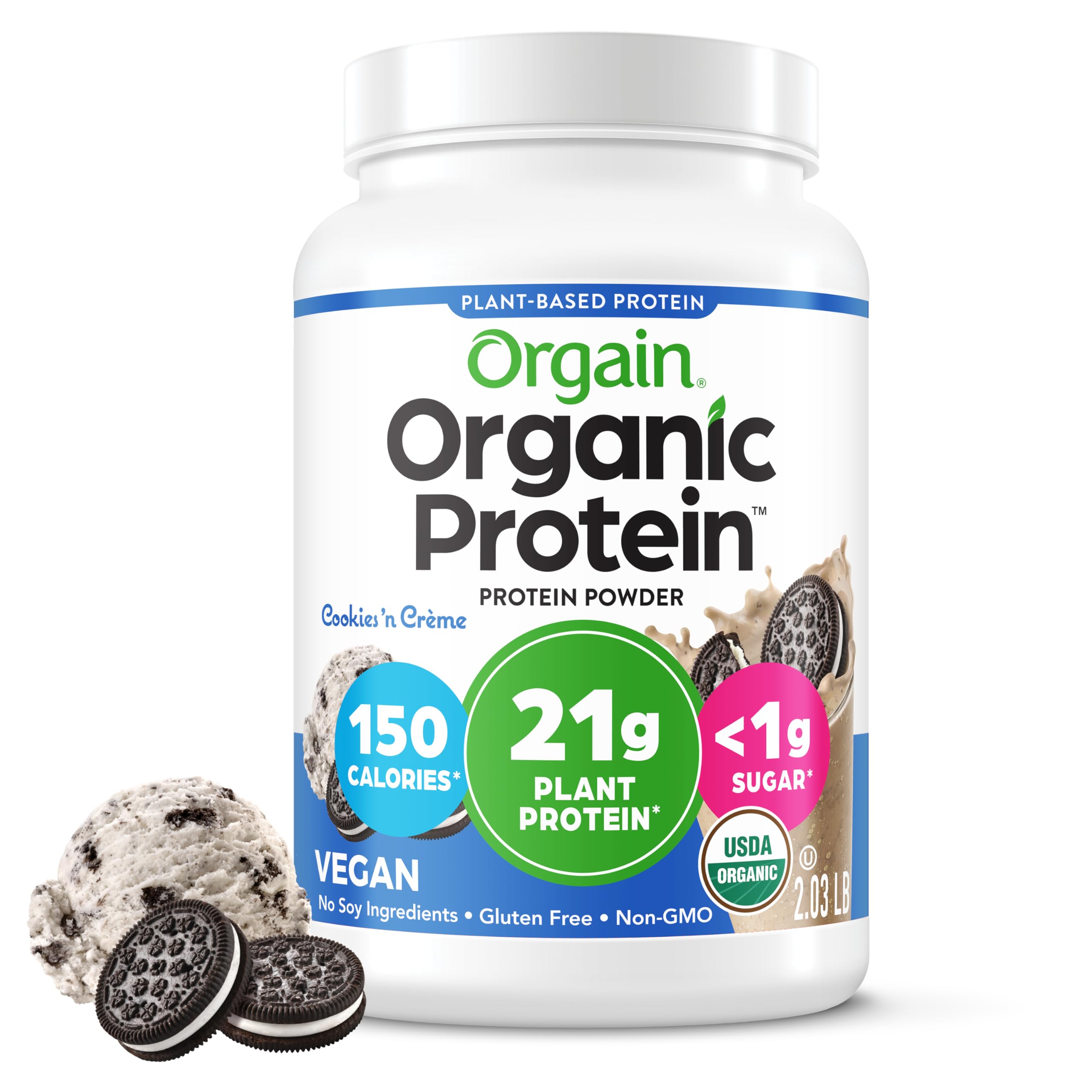 Orgain Cookies & Cream protein powder tub front view for smoothies and shakes