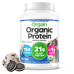 Orgain Cookies & Cream protein powder tub front view for smoothies and shakes