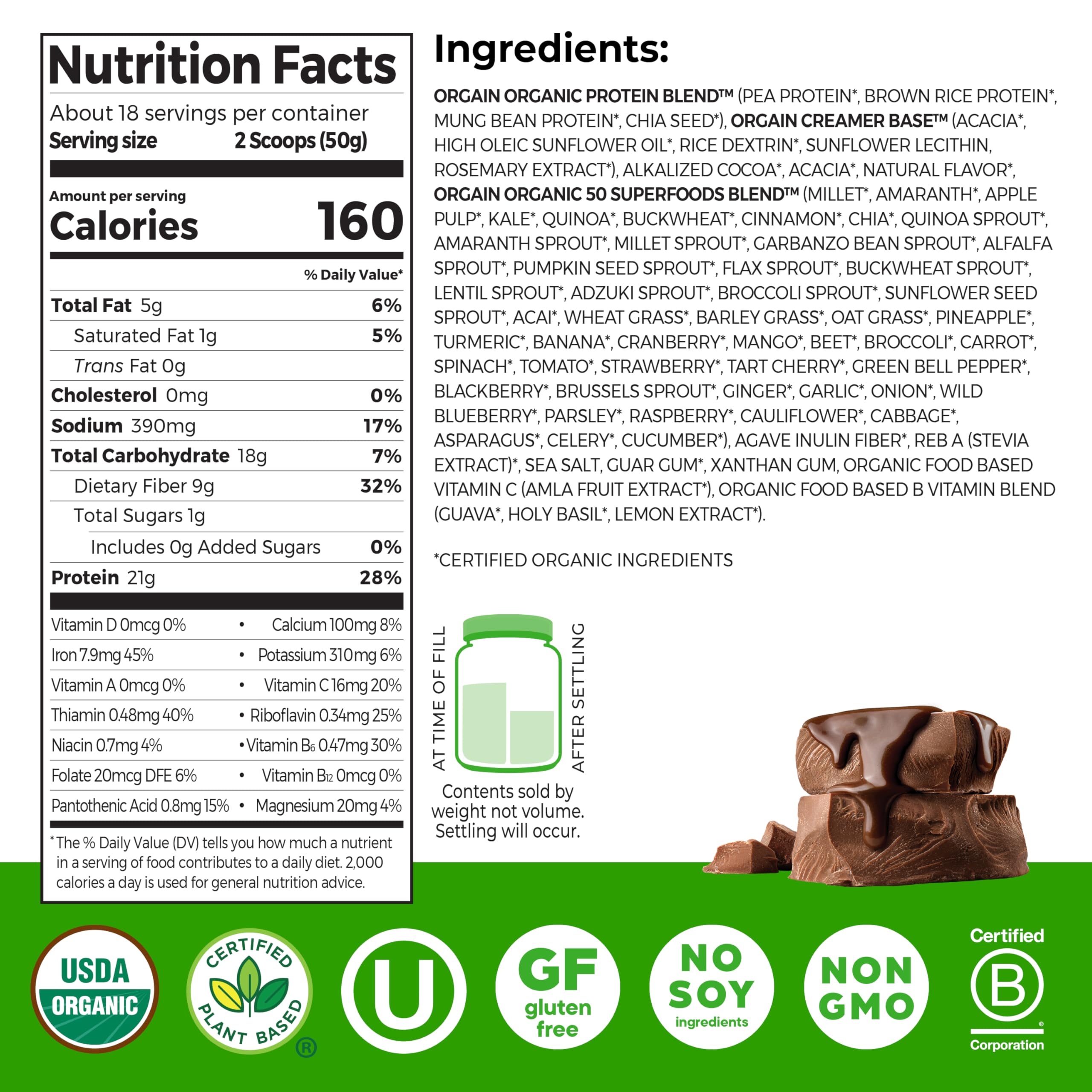 Orgain creamy chocolate fudge shake in glass shows rich texture and indulgent flavor