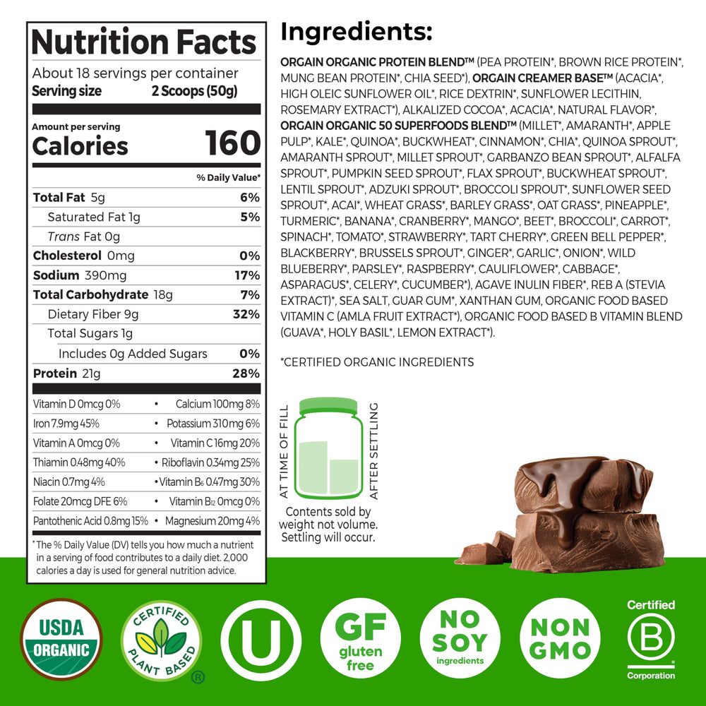 Orgain creamy chocolate fudge shake in glass shows rich texture and indulgent flavor