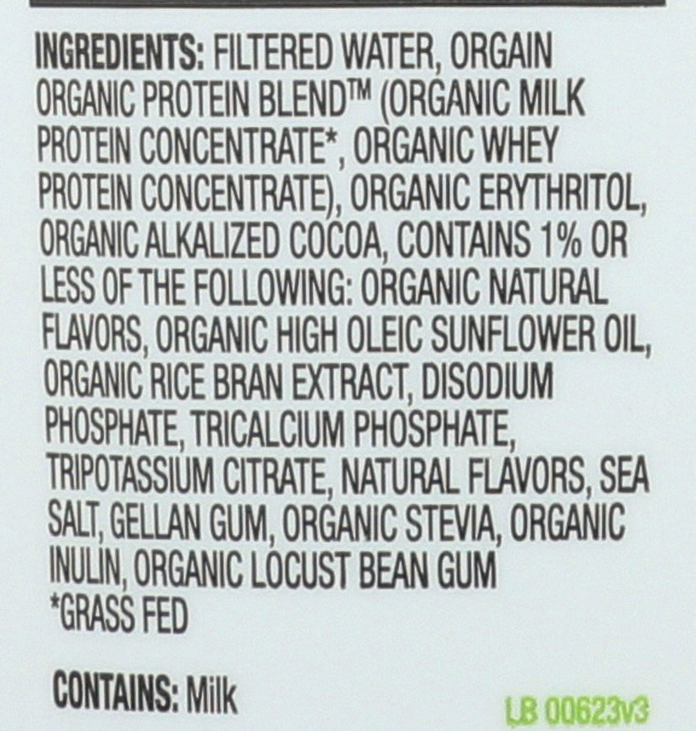 Orgain Creamy Chocolate flavor shake label close-up highlighting gluten-free and organic.