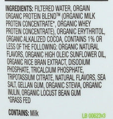 Orgain Creamy Chocolate flavor shake label close-up highlighting gluten-free and organic.