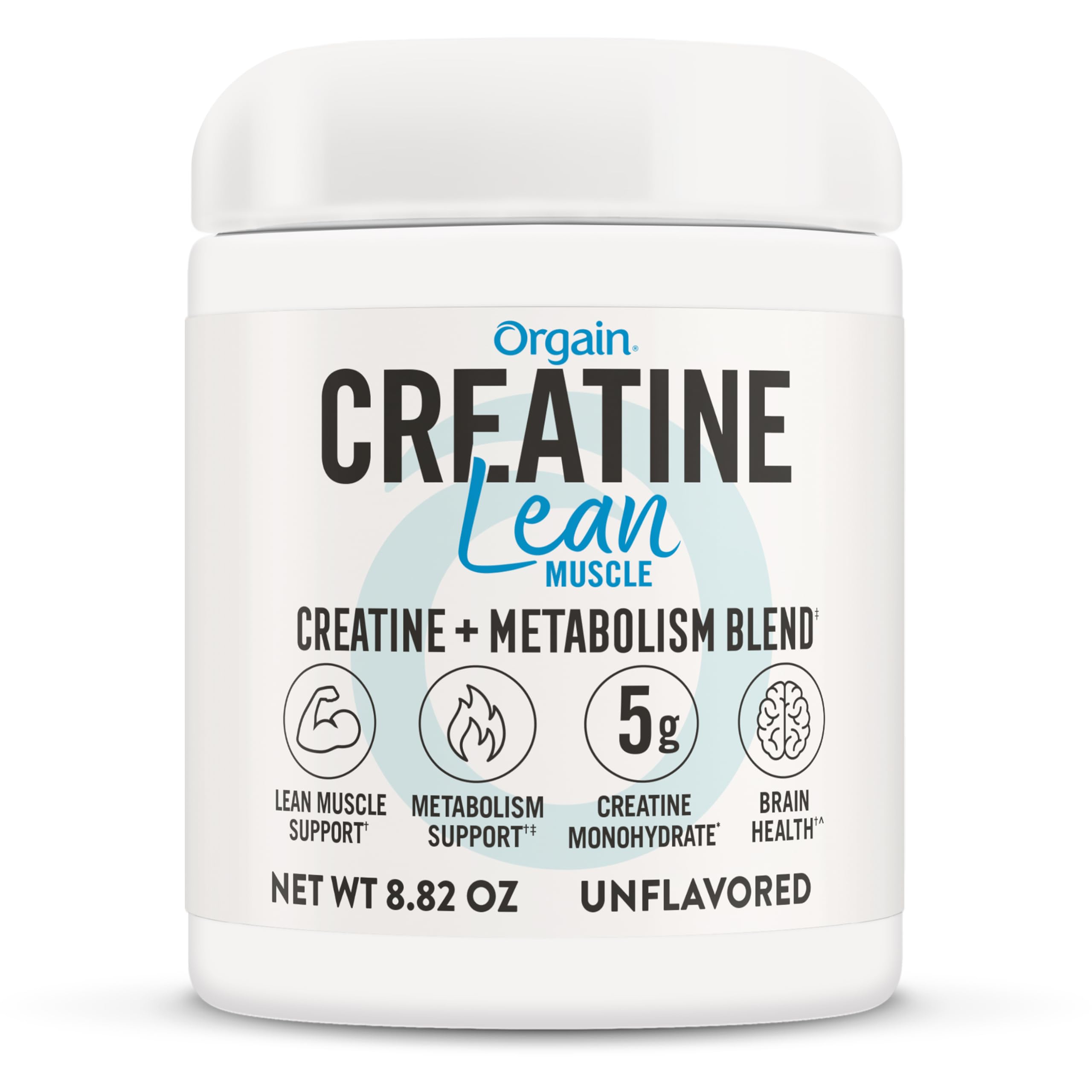 Orgain Creatine Lean Muscle bottle shows vegan, gluten-free formula for workouts.