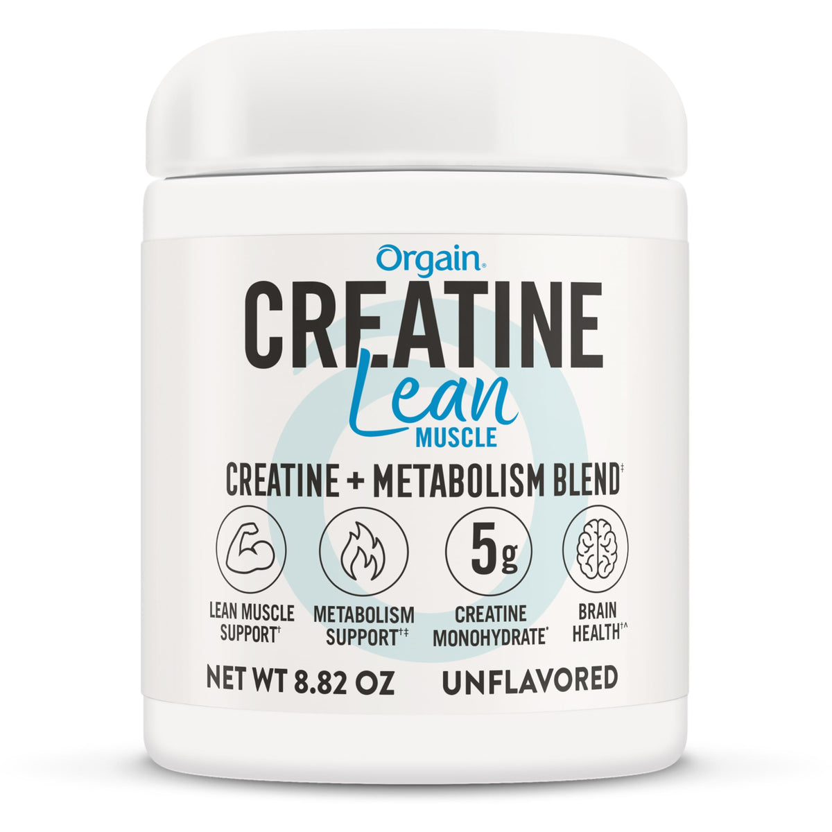 Orgain Creatine Lean Muscle bottle shows vegan, gluten-free formula for workouts.