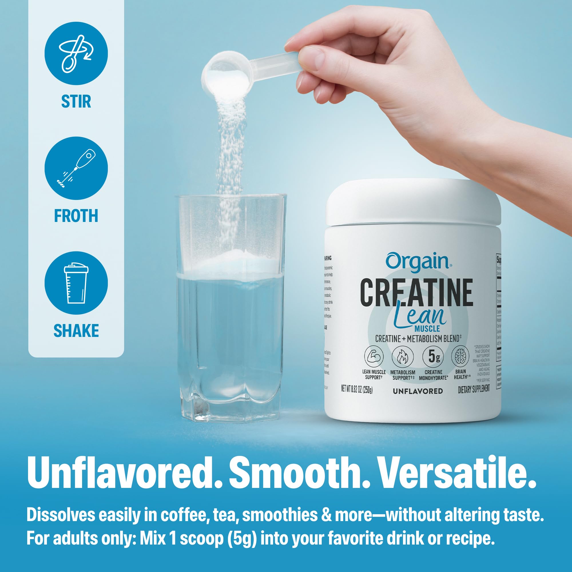 Orgain Creatine Lean Muscle dissolves easily in drinks.