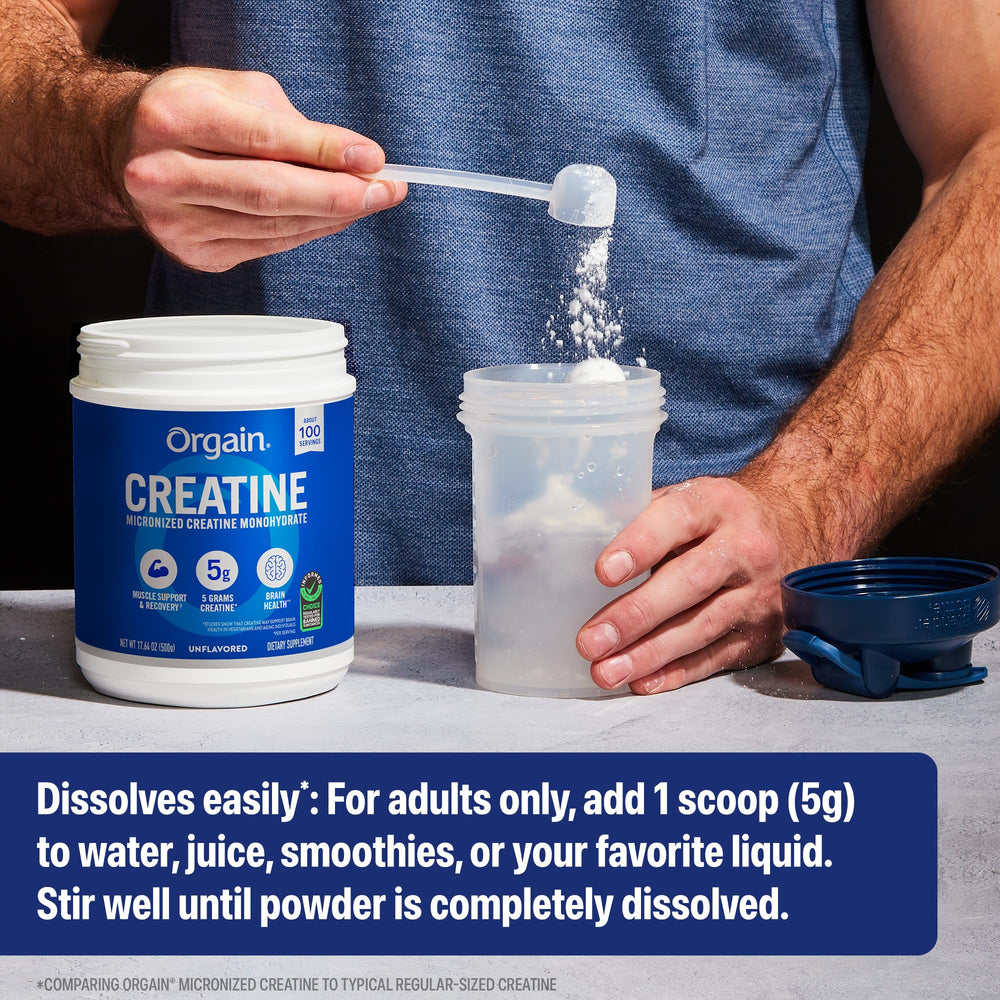 Close-up of Orgain label on Creatine Monohydrate tub