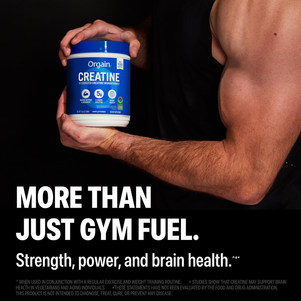 Orgain Creatine Monohydrate packaging close-up showing clean ingredients