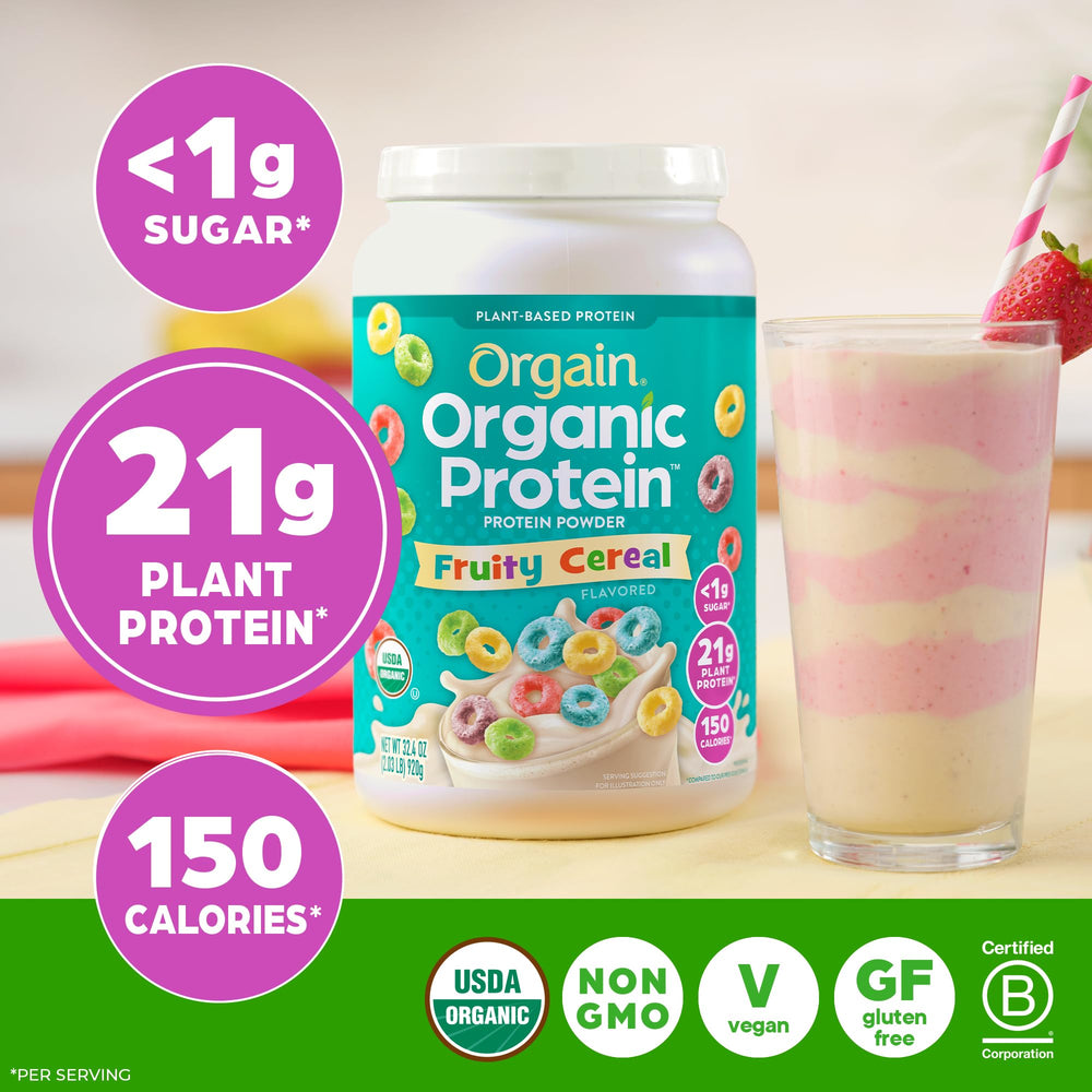 Orgain Fruity Cereal powder being poured into a cup for a smoothie