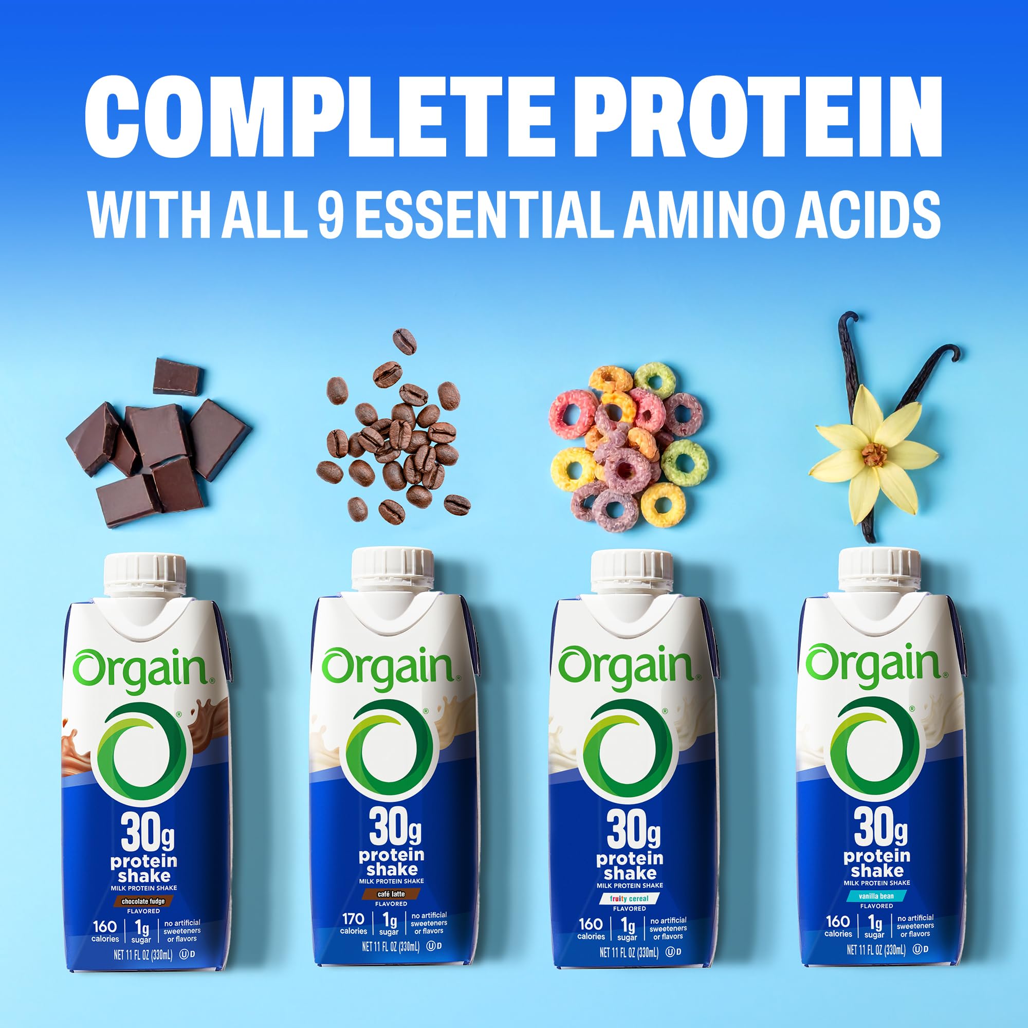 Orgain Fruity Cereal shake in backpack, ideal for travel and hikes.