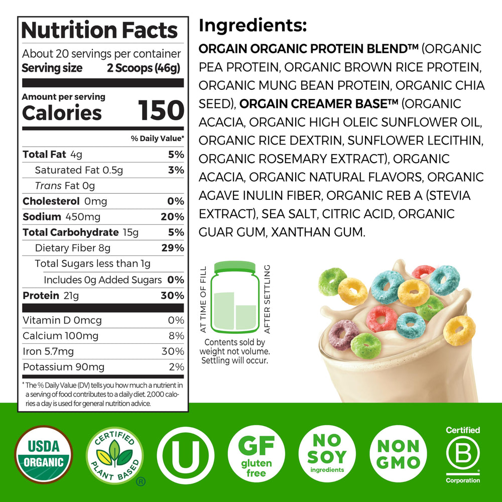 Orgain Fruity Cereal shake glass showcasing creamy, fruity flavor