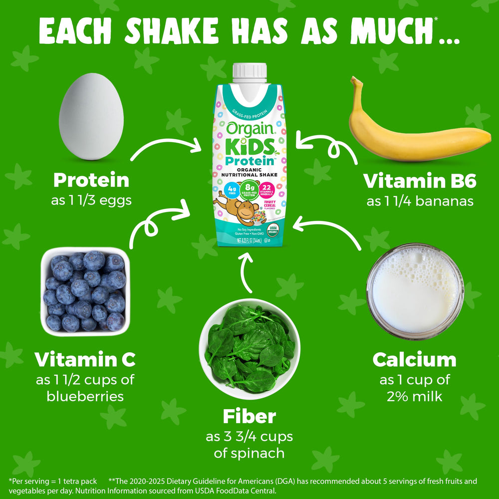 Orgain Fruity Cereal Shake pouring into a glass for a quick snack.