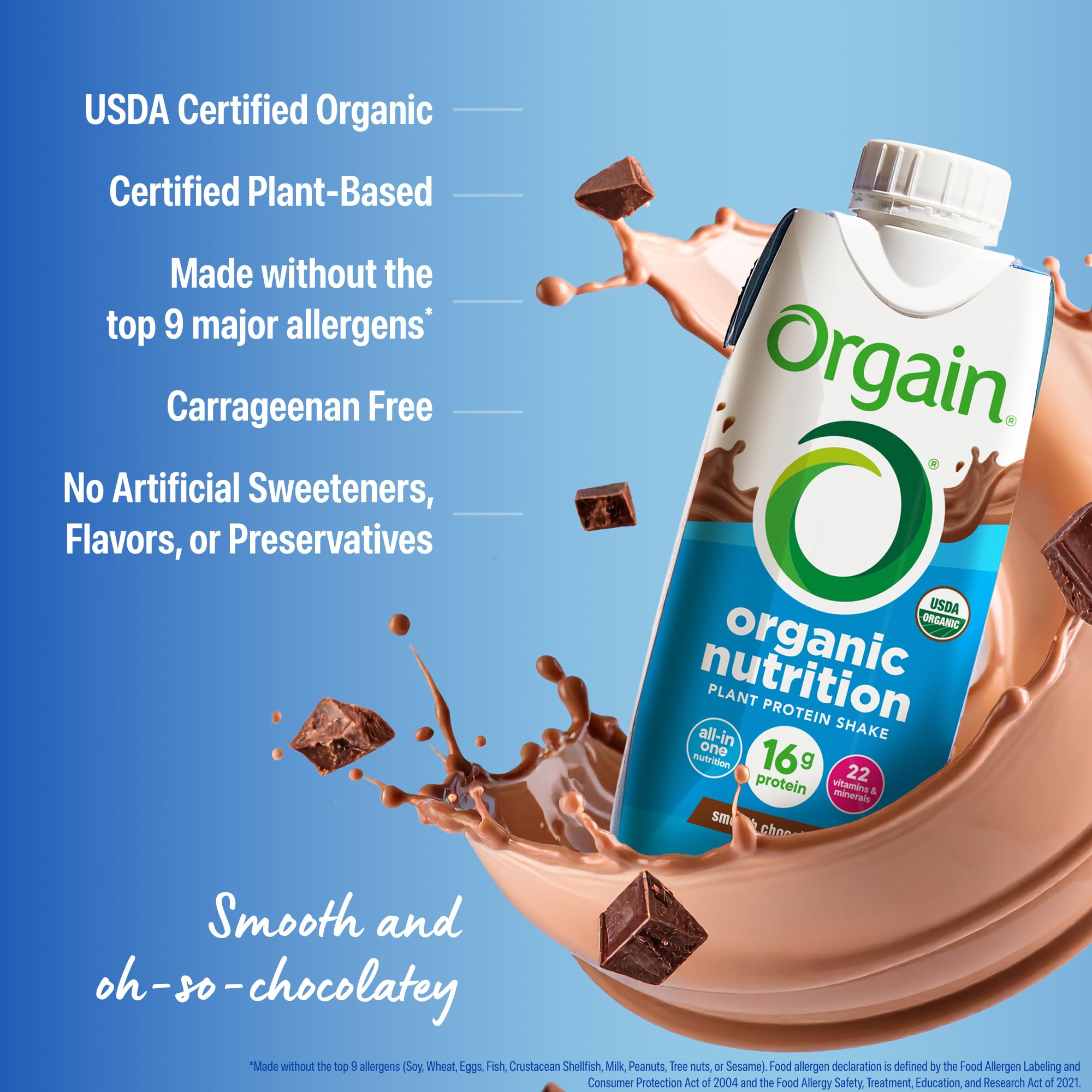 Orgain gluten-free and non-GMO attributes highlighted on the product label.