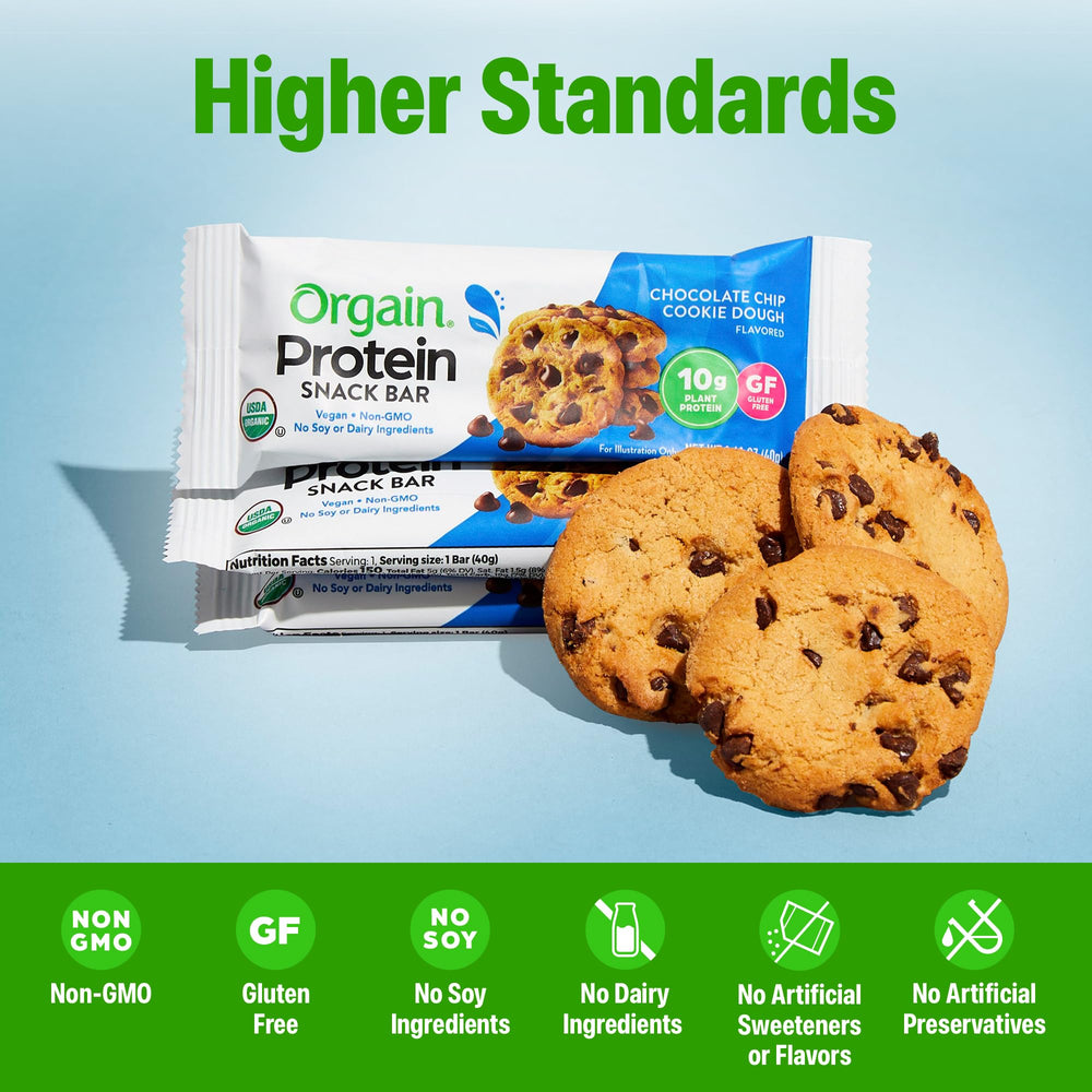 Orgain gluten-free vegan bar with no dairy or soy ingredients shown