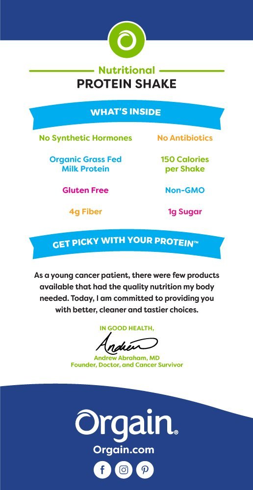 Orgain Grass-Fed Protein Shake bottle on a counter, convenient post-workout nourishment.