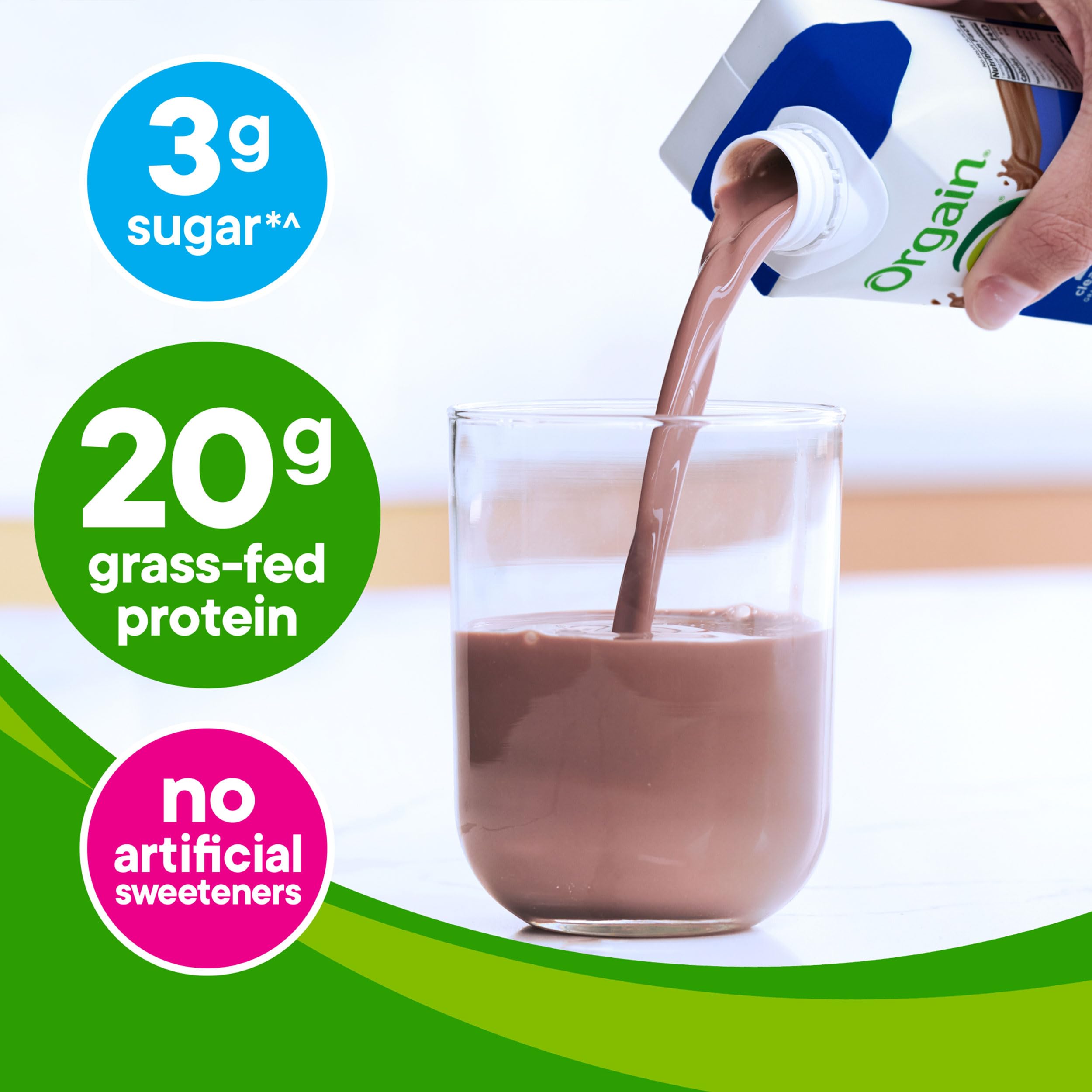 Orgain grass-fed milk protein pouring into glass for post-workout fueling.