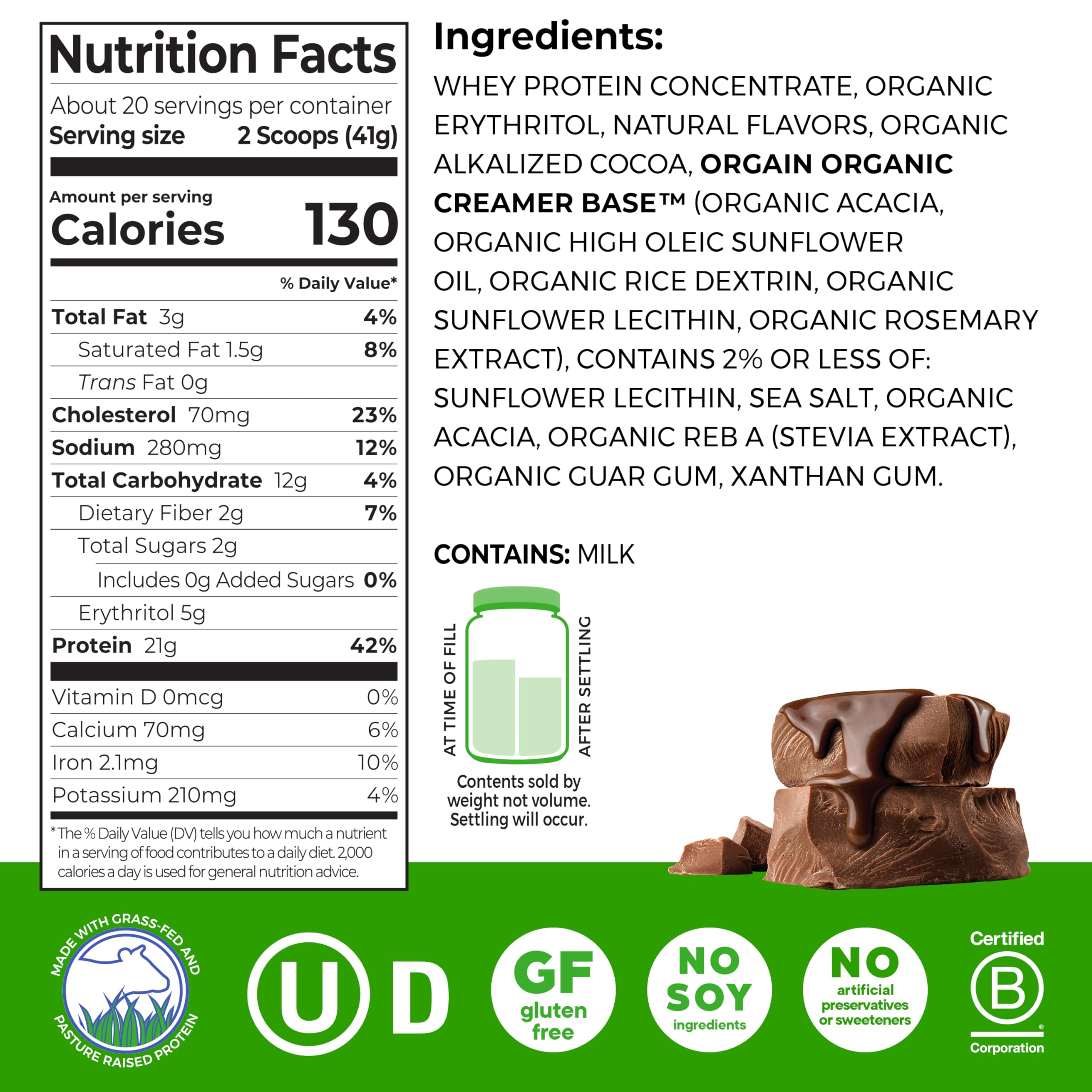 Orgain Grass-Fed Whey Protein Scoop highlighting 21g of protein per serving.