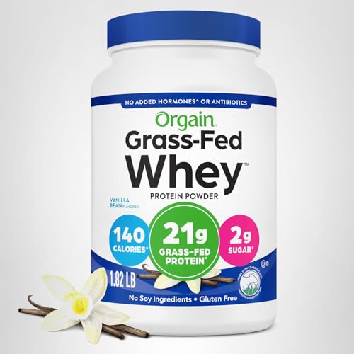Orgain grass-fed whey protein vanilla bean serving with scoop and nutrition details.