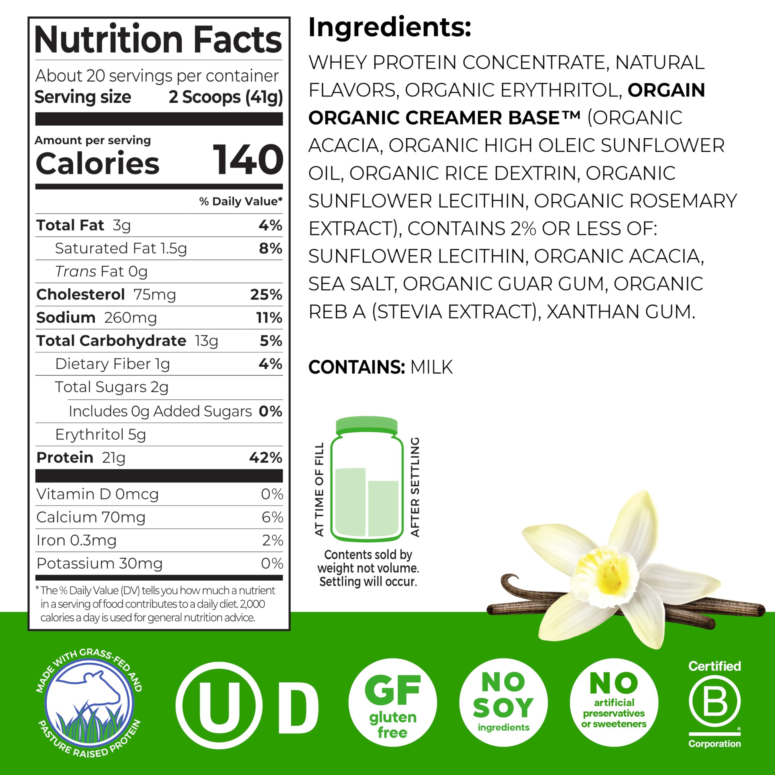 Orgain grass-fed whey protein vanilla bean tub front view highlighting clean ingredients.