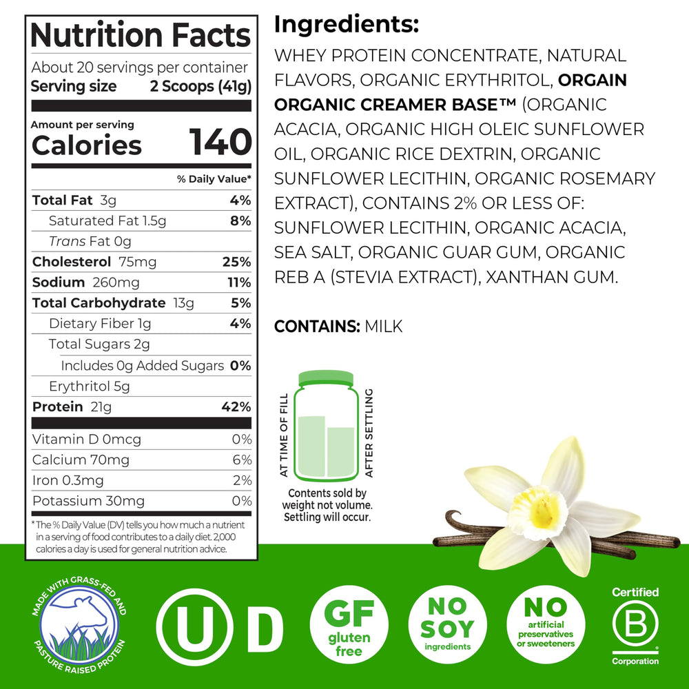 Orgain grass-fed whey protein vanilla bean tub front view highlighting clean ingredients.