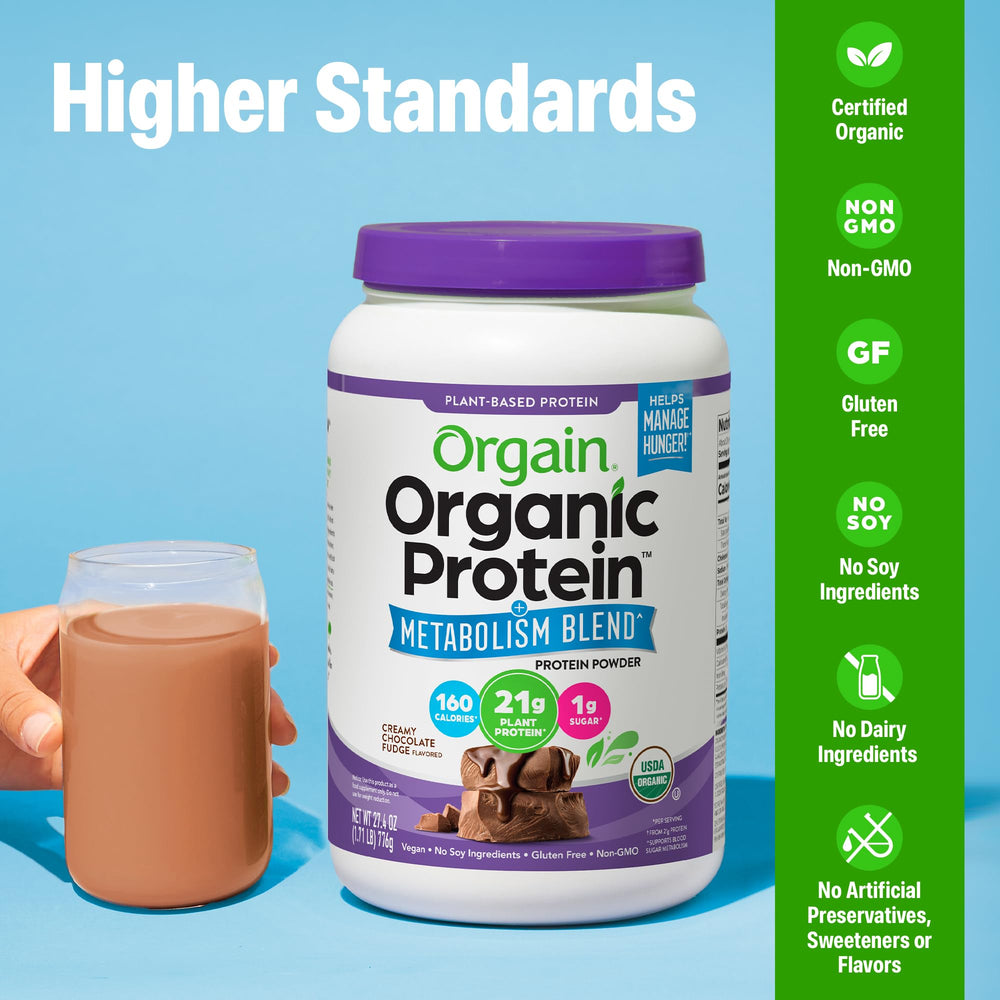 Green tea extract bottle beside Orgain blend ingredients