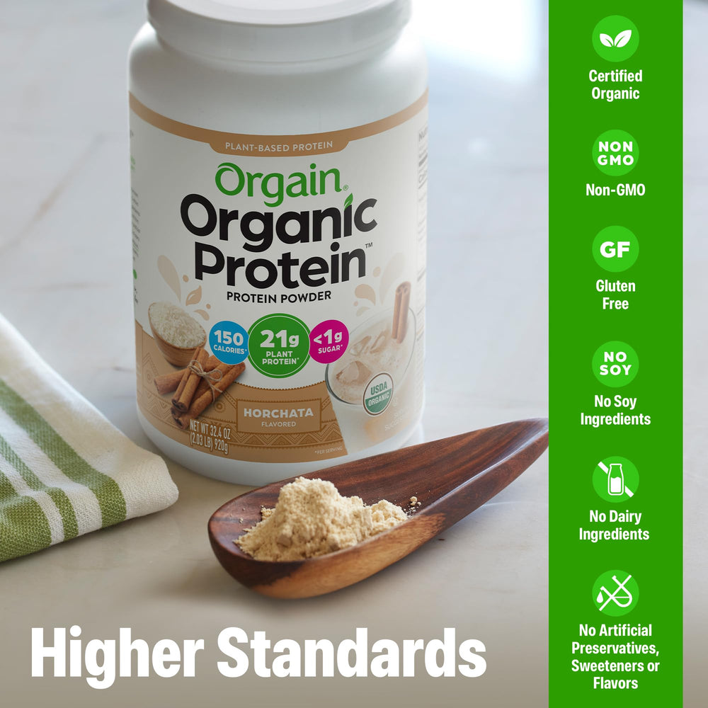 Orgain Horchata protein powder mixed with milk for creamy shakes.