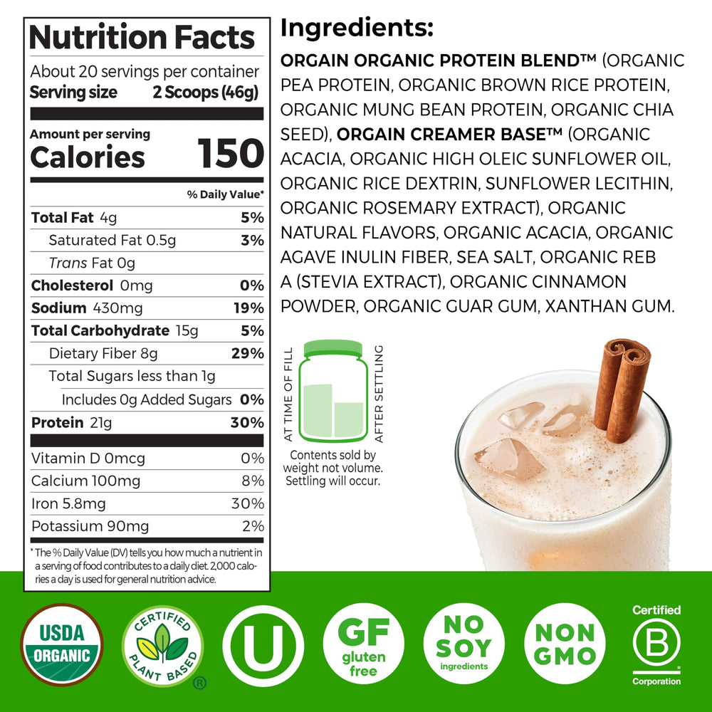 Orgain Horchata protein powder scoop with bottle for easy shaking post-workout.
