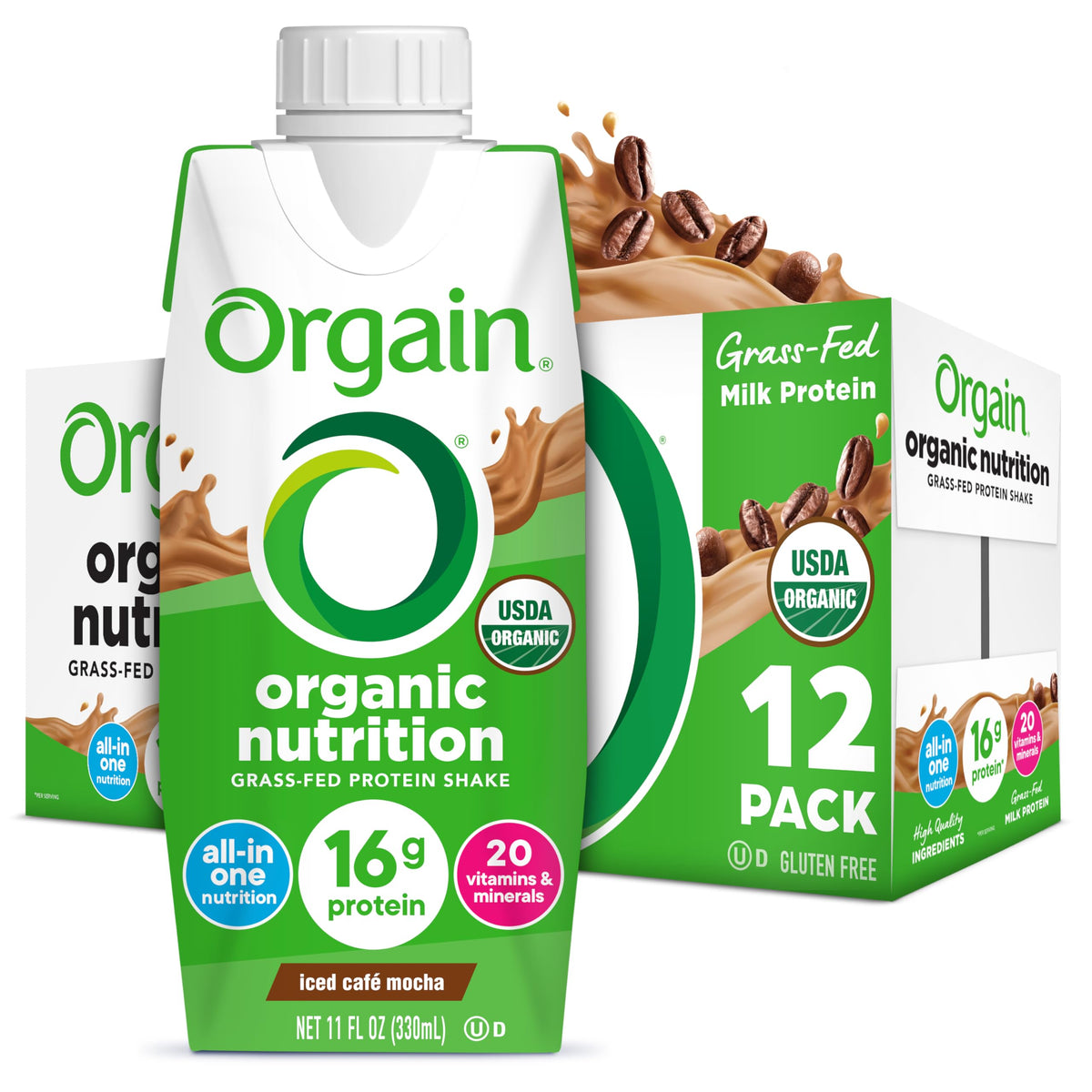 Orgain iced café mocha ready-to-drink bottle with creamy texture and on-the-go nutrition.
