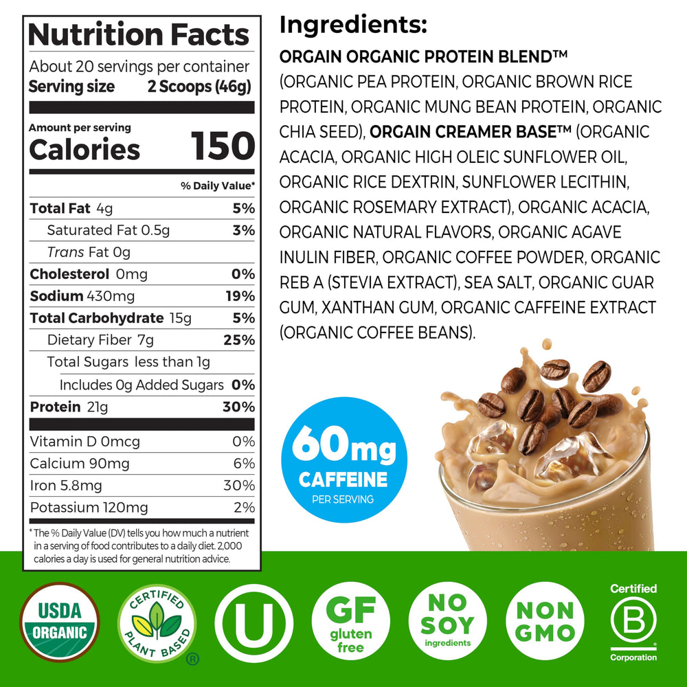Orgain iced-coffee powder scoop ready for quick shakes.