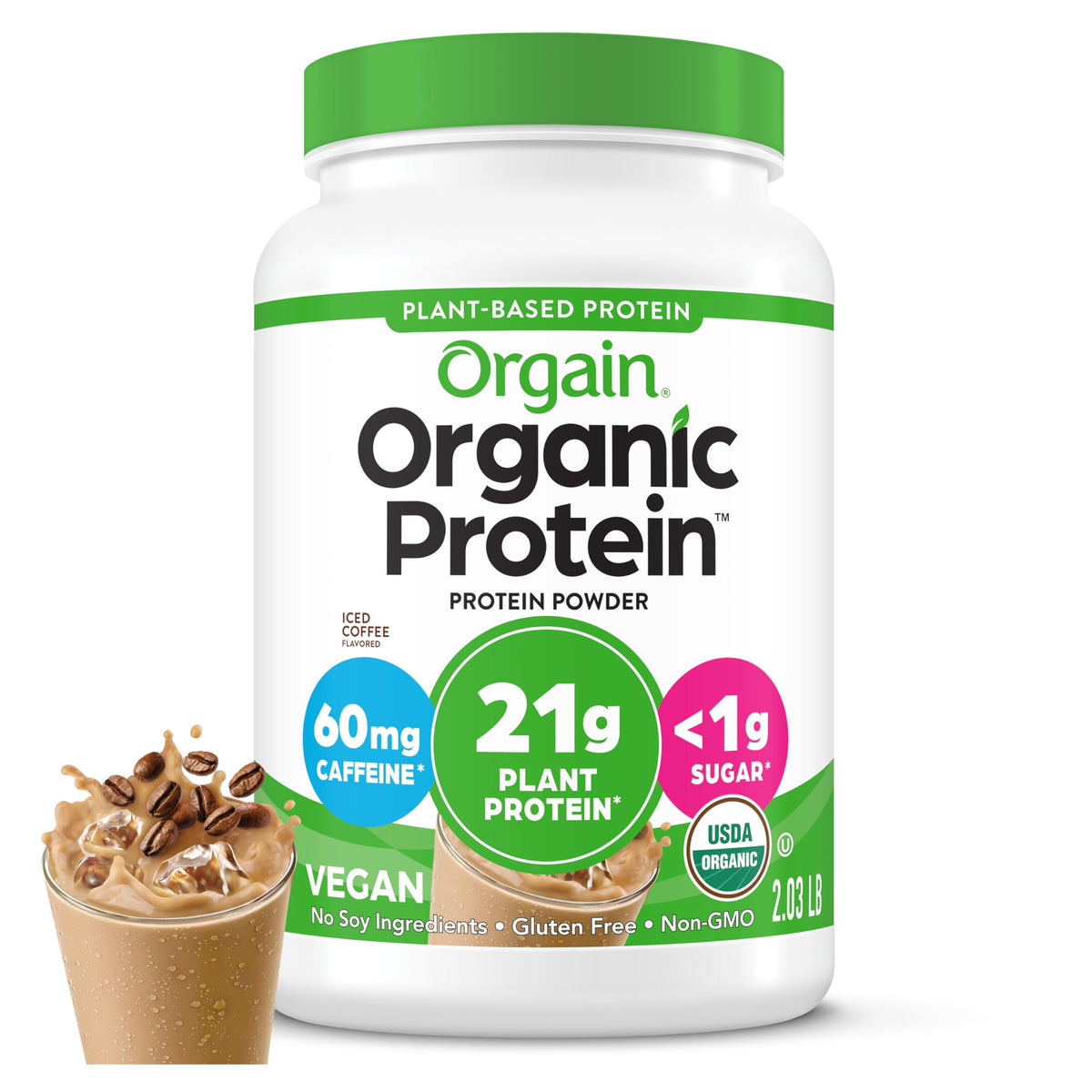 Orgain iced-coffee protein canister showing 21g vegan protein.
