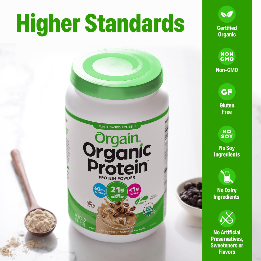 Orgain ingredients close-up with organic peas, brown rice, and chia.