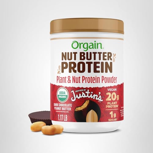 Orgain X Justin's powder shown with dairy-free, soy-free claim.