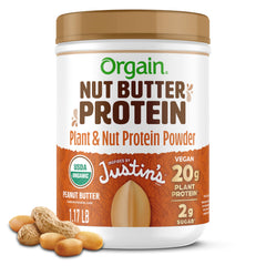 Orgain Justin's Nut Butter Protein Powder peanut butter tub with creamy flavor
