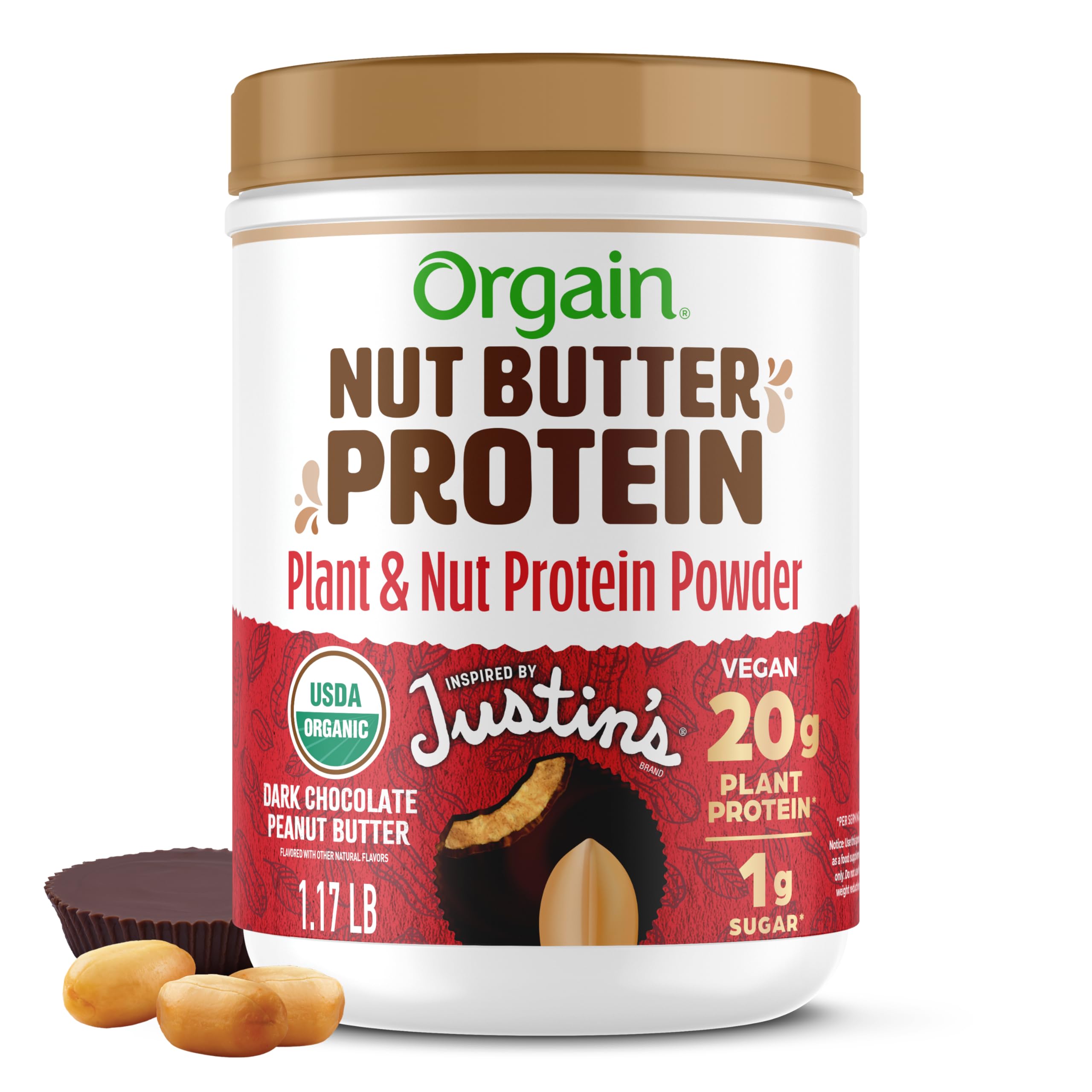 Orgain X Justin's Nut Butter Protein Powder scoop showing chocolate peanut butter flavor and protein boost.