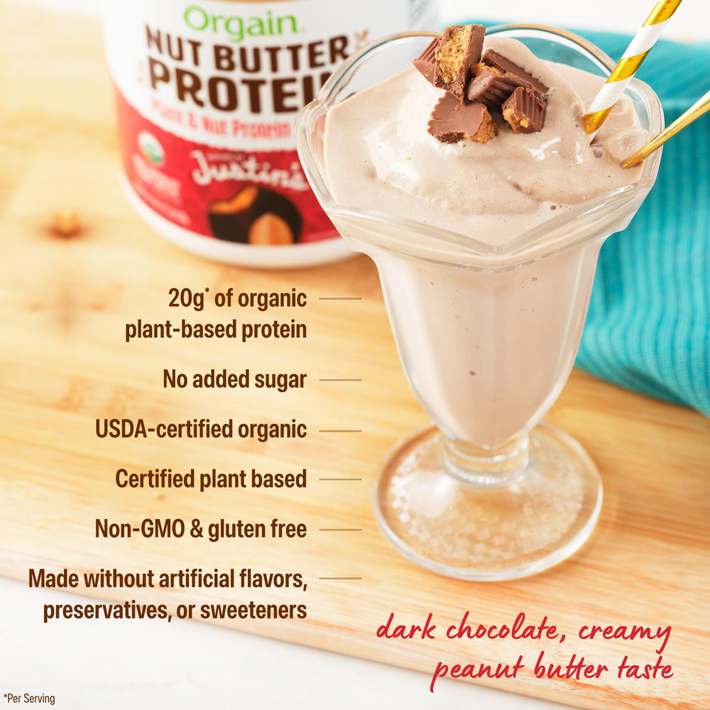 Orgain X Justin's powder blended into a silky smoothie for workouts.