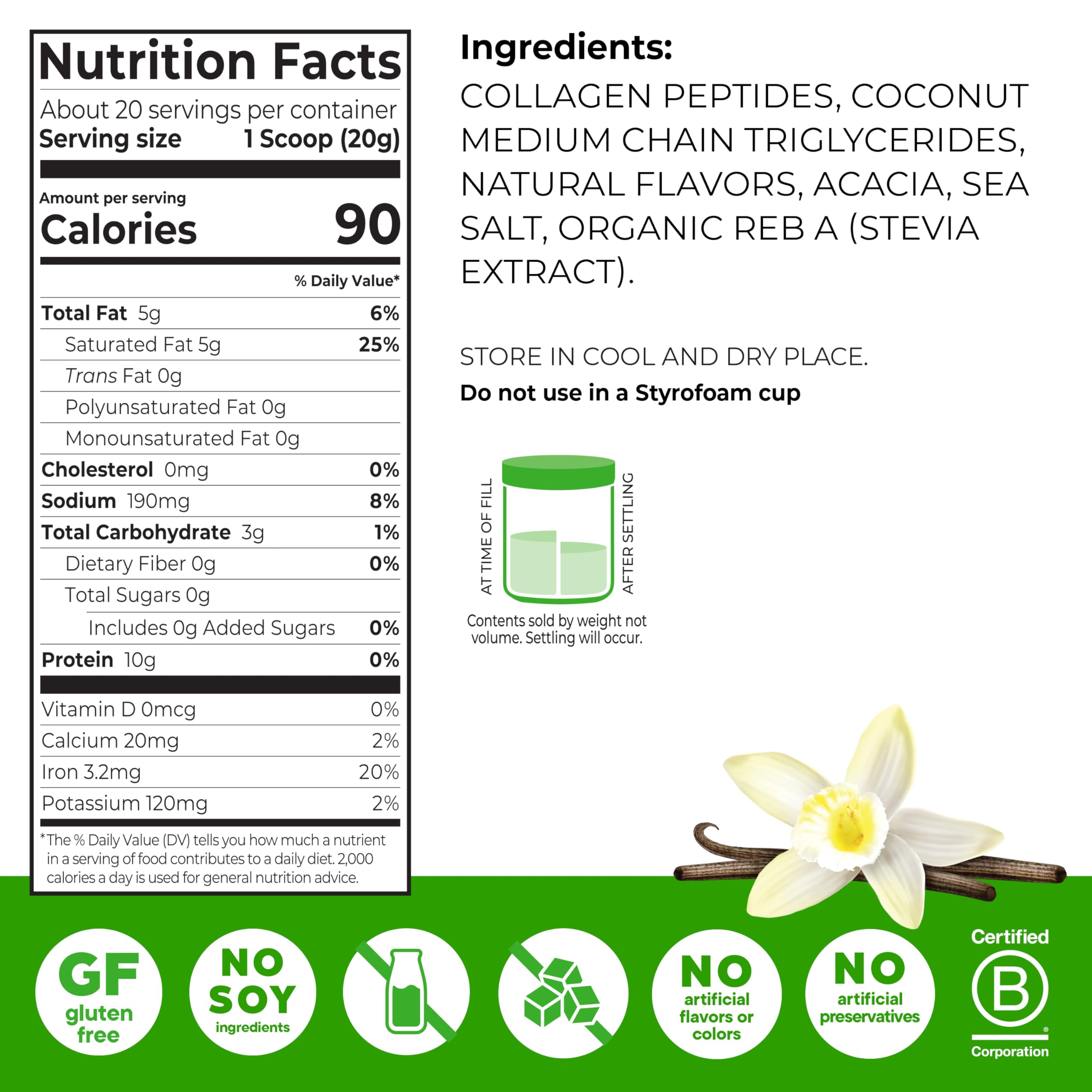 Pouring Orgain vanilla keto collagen powder into smoothies for creamy texture.