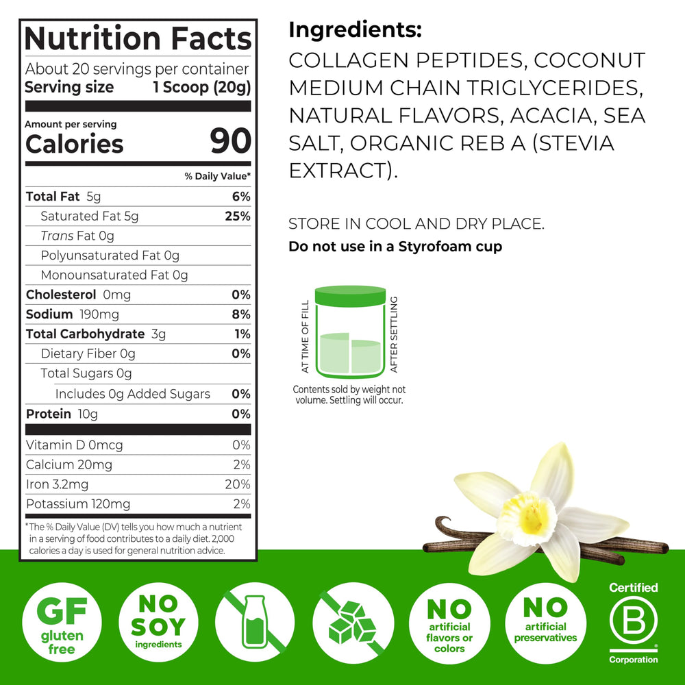 Pouring Orgain vanilla keto collagen powder into smoothies for creamy texture.