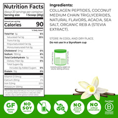 Pouring Orgain vanilla keto collagen powder into smoothies for creamy texture.