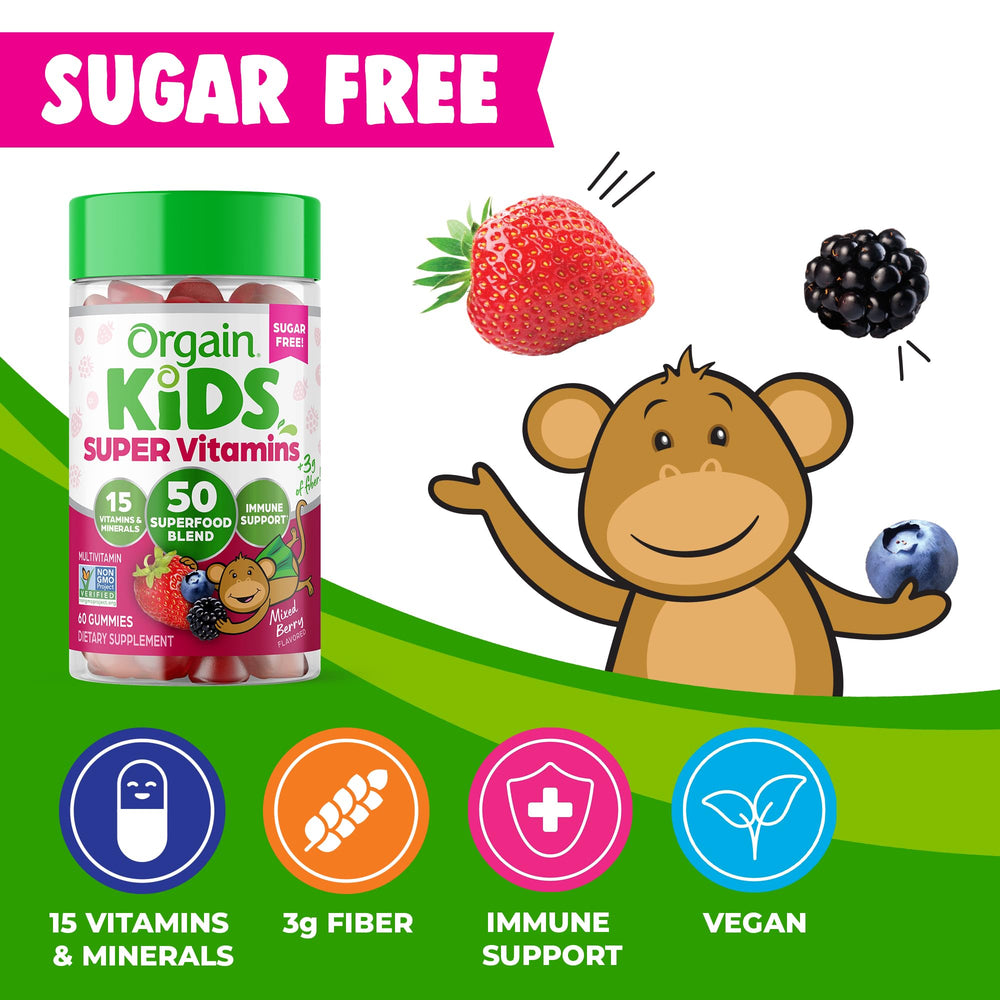 Orgain Kids 50 Superfoods blend visual with ingredient chart for plant-based nutrition.