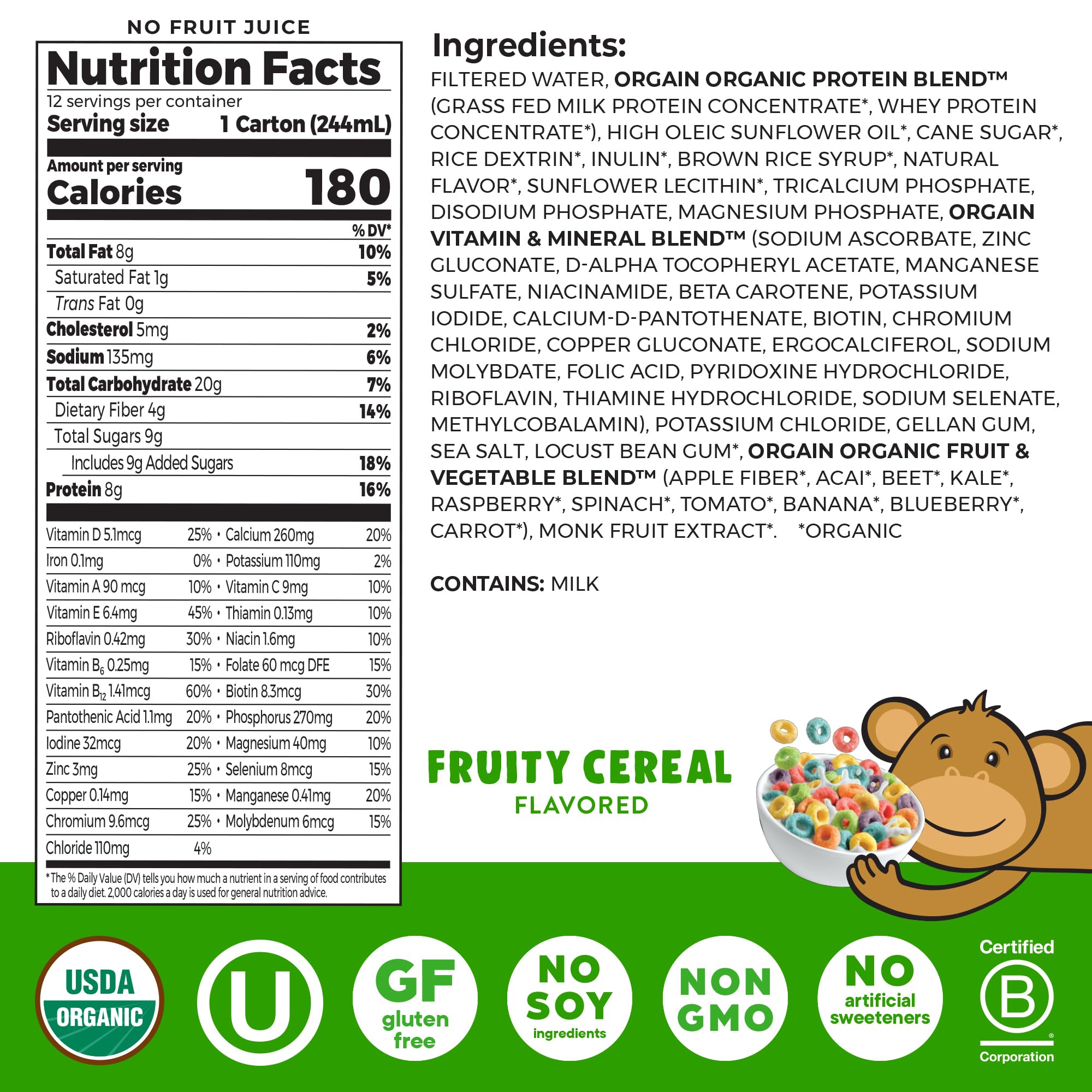 Orgain Kids Fruity Cereal Shake bottle back with nutrition facts.